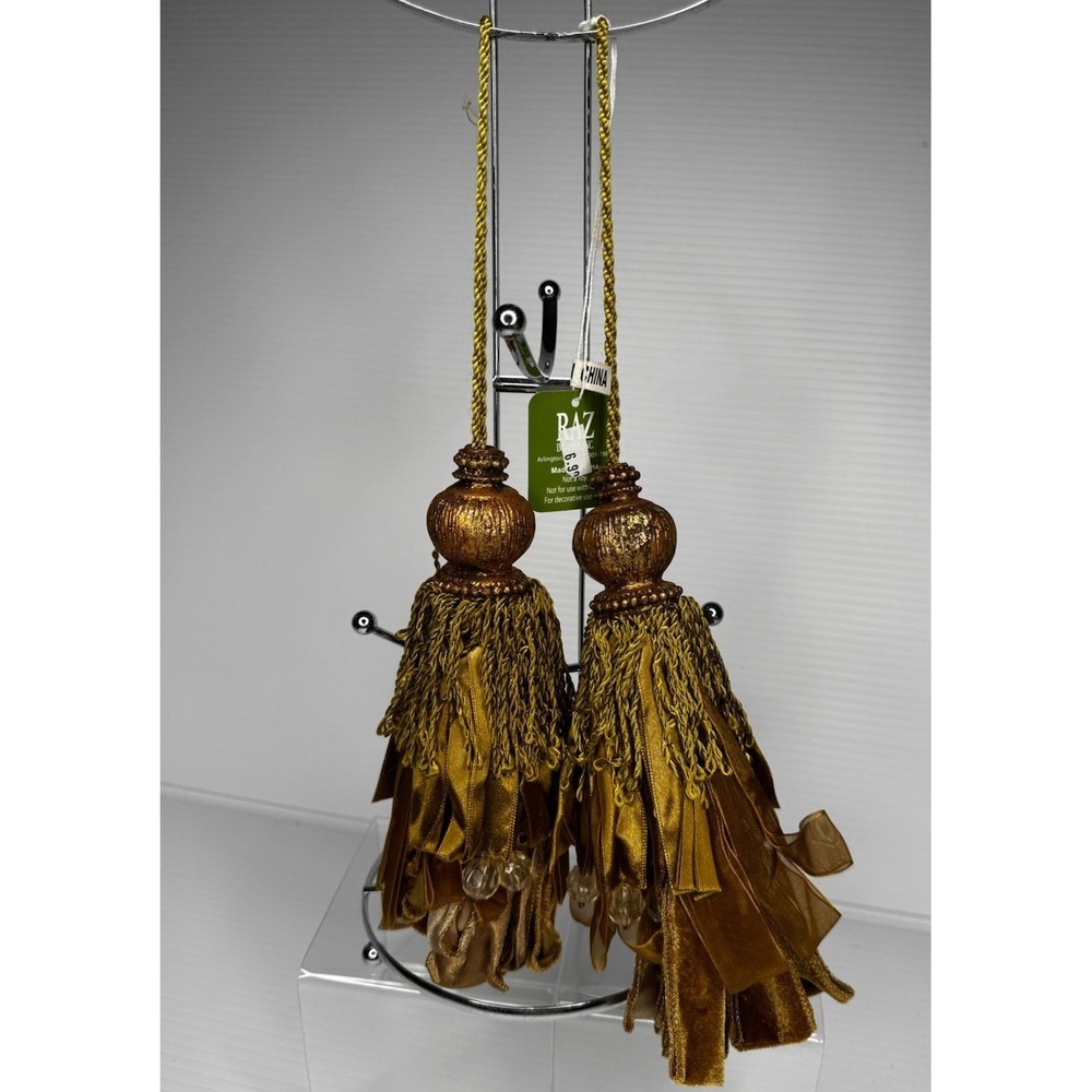 Raz Lot Of 2 Gold Tassel Ornaments Velvet Ribbon Beaded Fall Christmas Decor Set